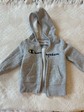 Champion Kids Heather Gray Zip Hoodie with Navy Logo